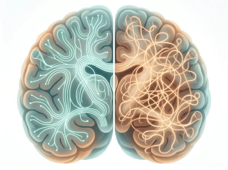 Brain with normal and disrupted neural signals Brain with normal and disrupted neural signals