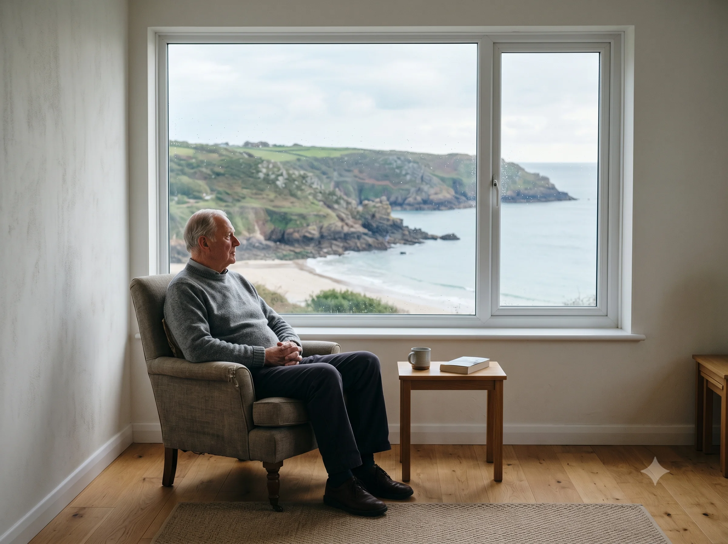 Person by window Jersey coastline view