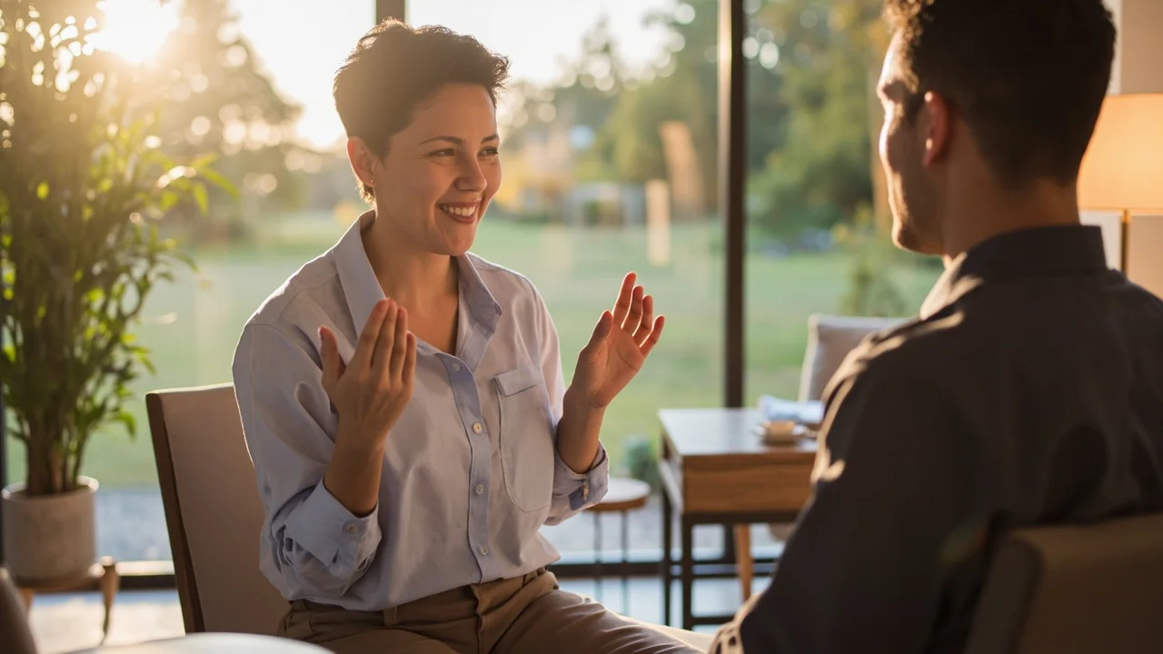 therapist talking with patient about symptoms