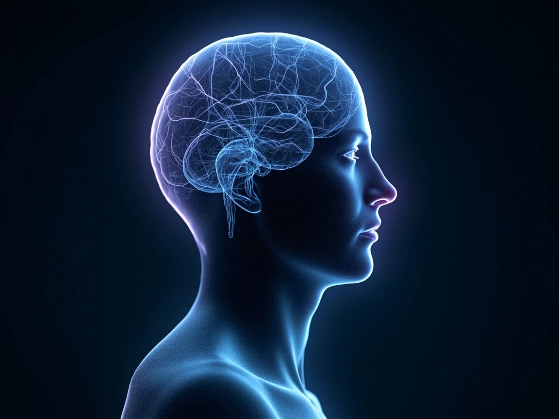 Translucent head with glowing neural pathways