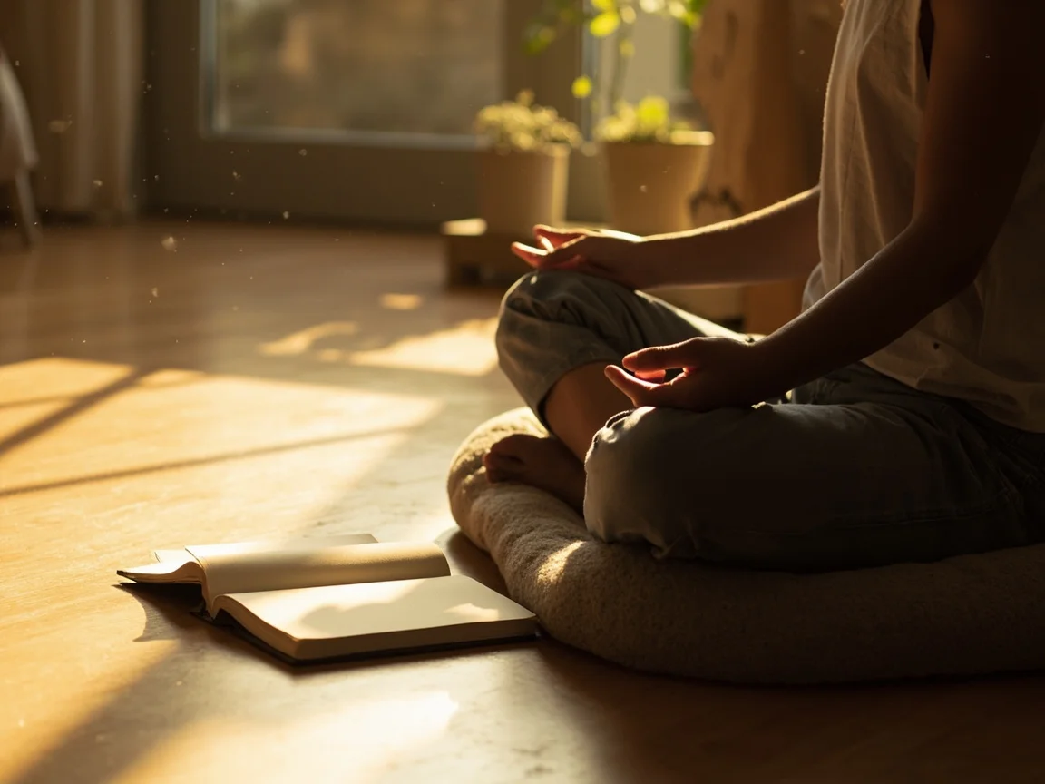 Person meditating in a sunlit home corner