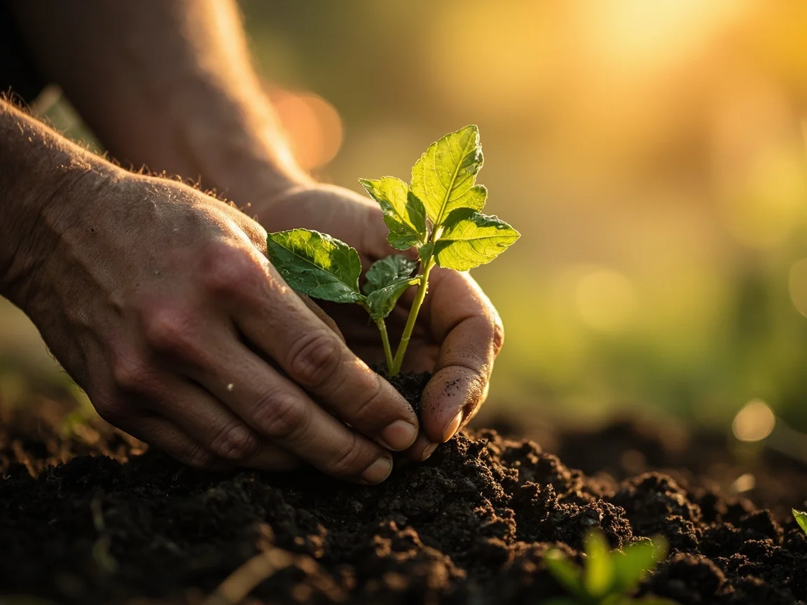 Two hands planting a small green sapling