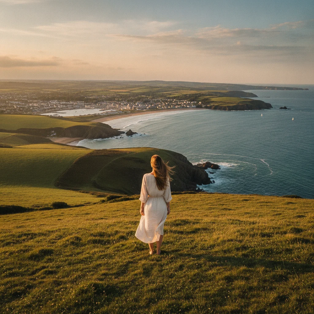 Woman looking at Jersey coastline on a clear morning Woman looking at Jersey coastline on a clear morning