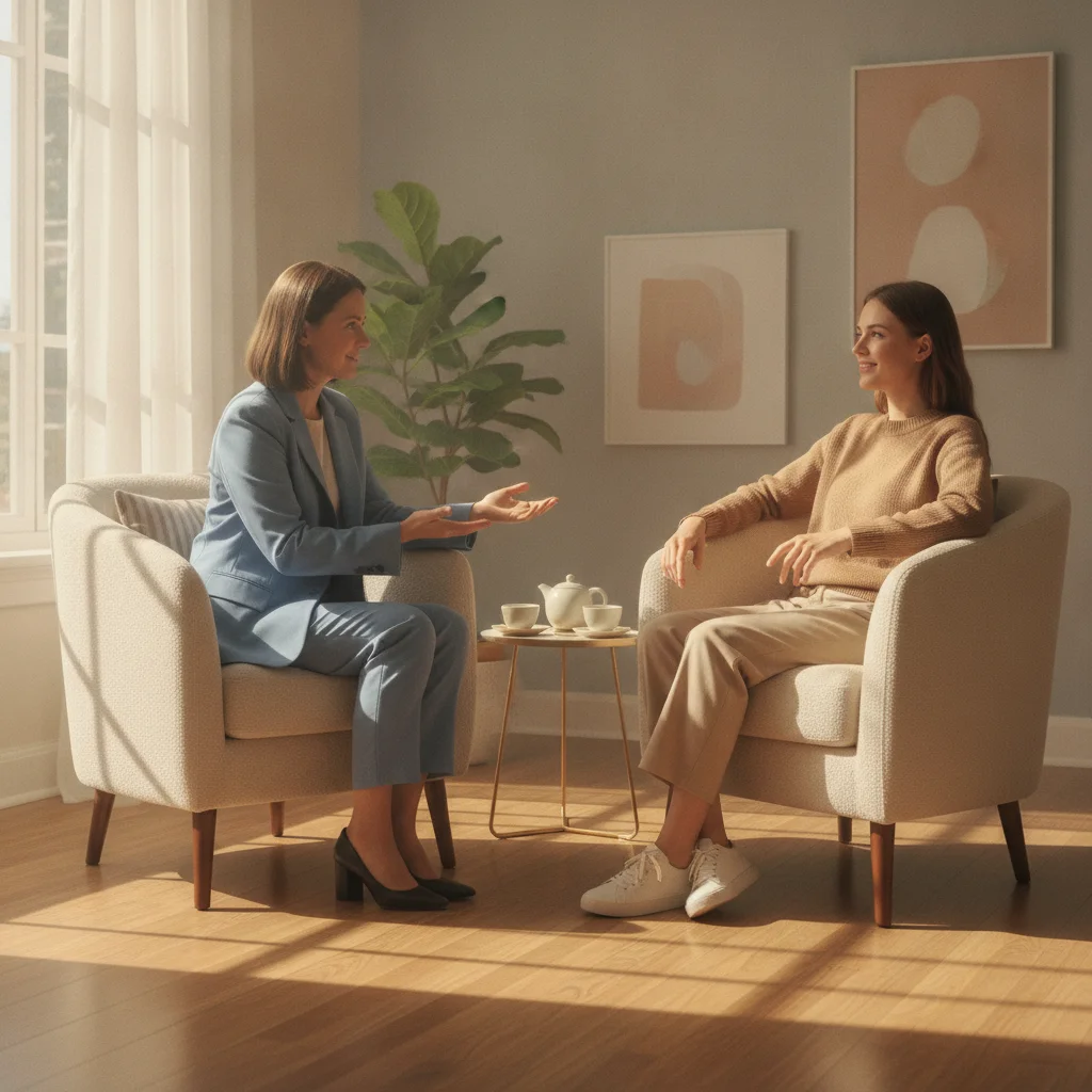 Therapist and client in calm conversation in sunlit room Therapist and client in calm conversation in sunlit room