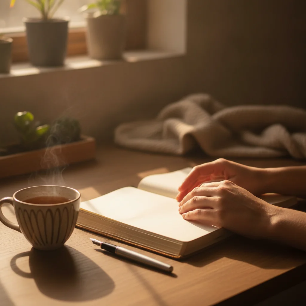 Hands resting on journal with tea in morning light Hands resting on journal with tea in morning light