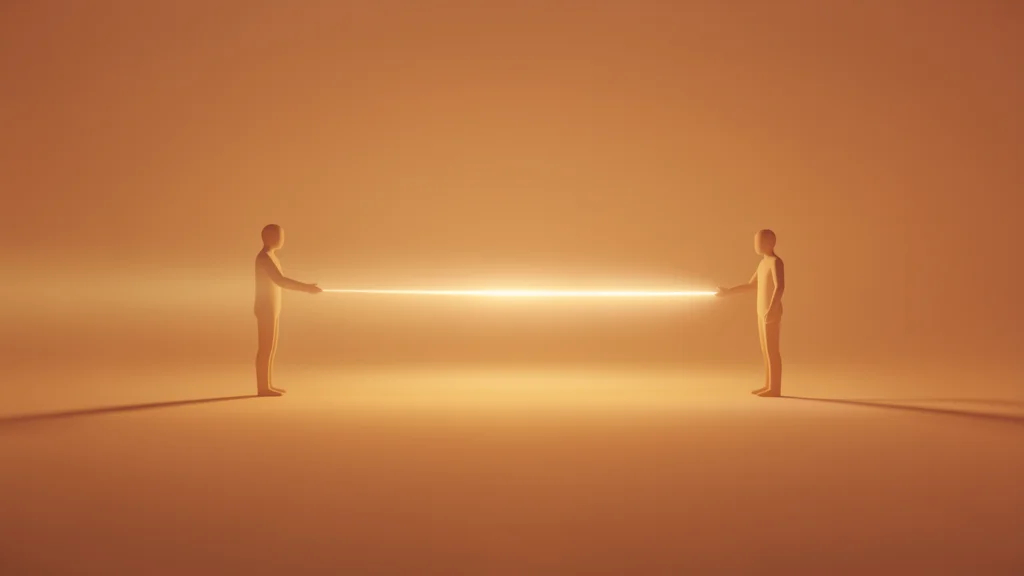Duas figuras conectadas por luz atraves da distancia