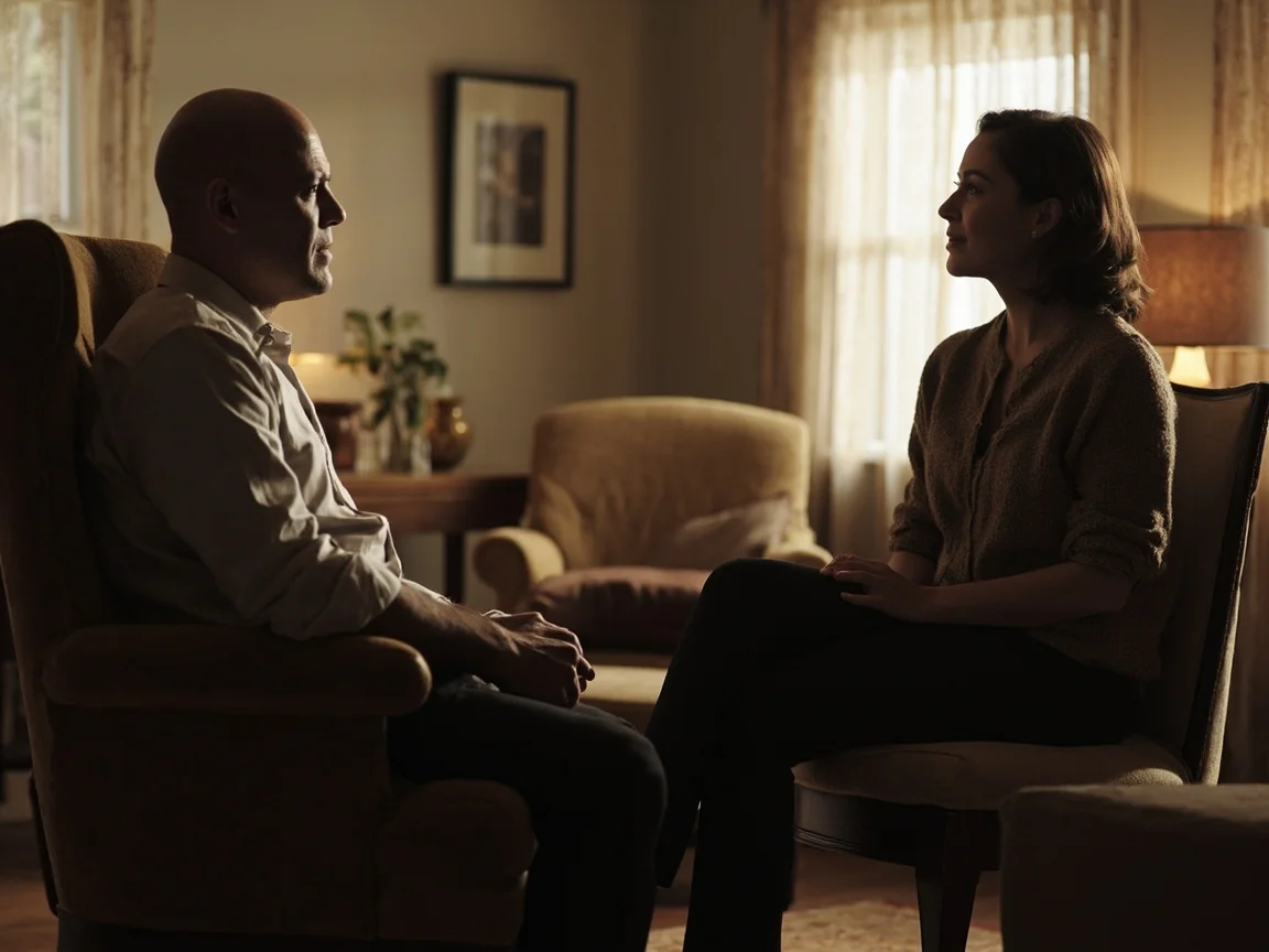 Therapist and client talking attentively in a calm therapeutic setting, conveying trust and careful listening