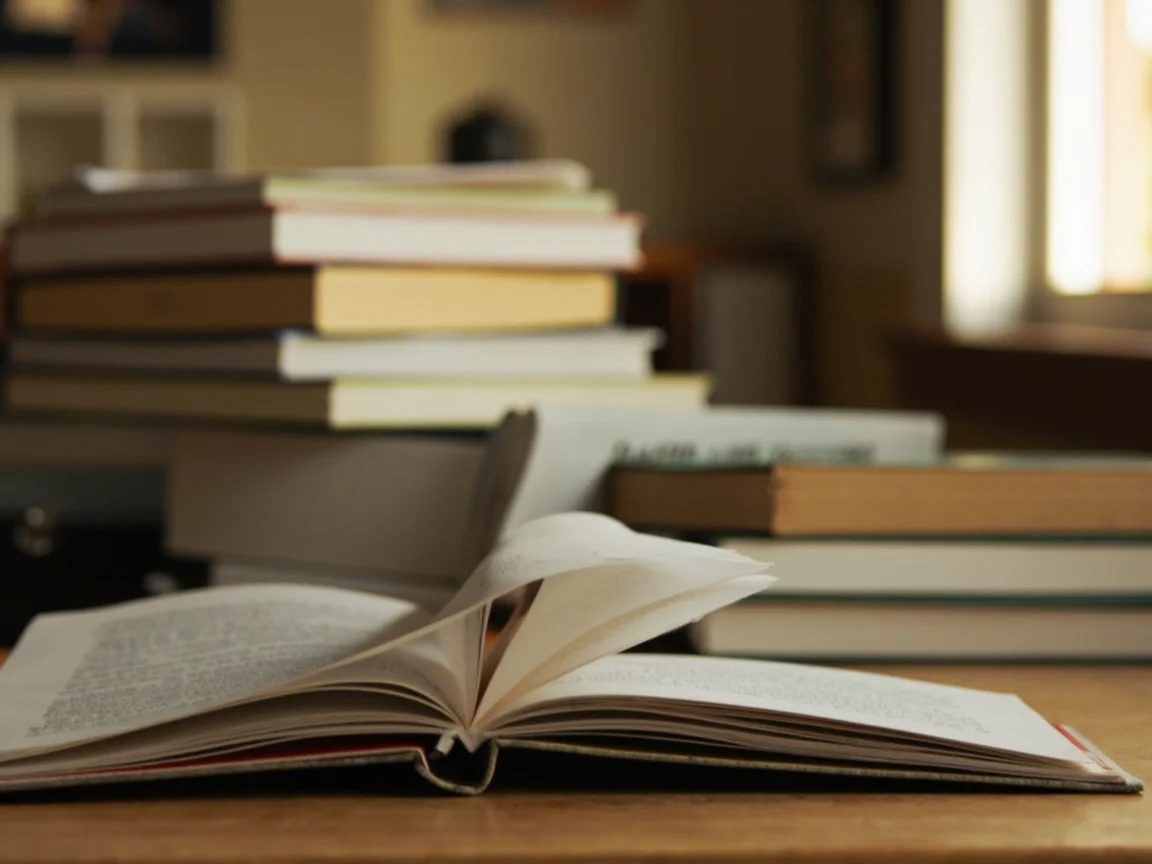 Stack of books and open scientific articles on a wooden desk, lit by soft natural light