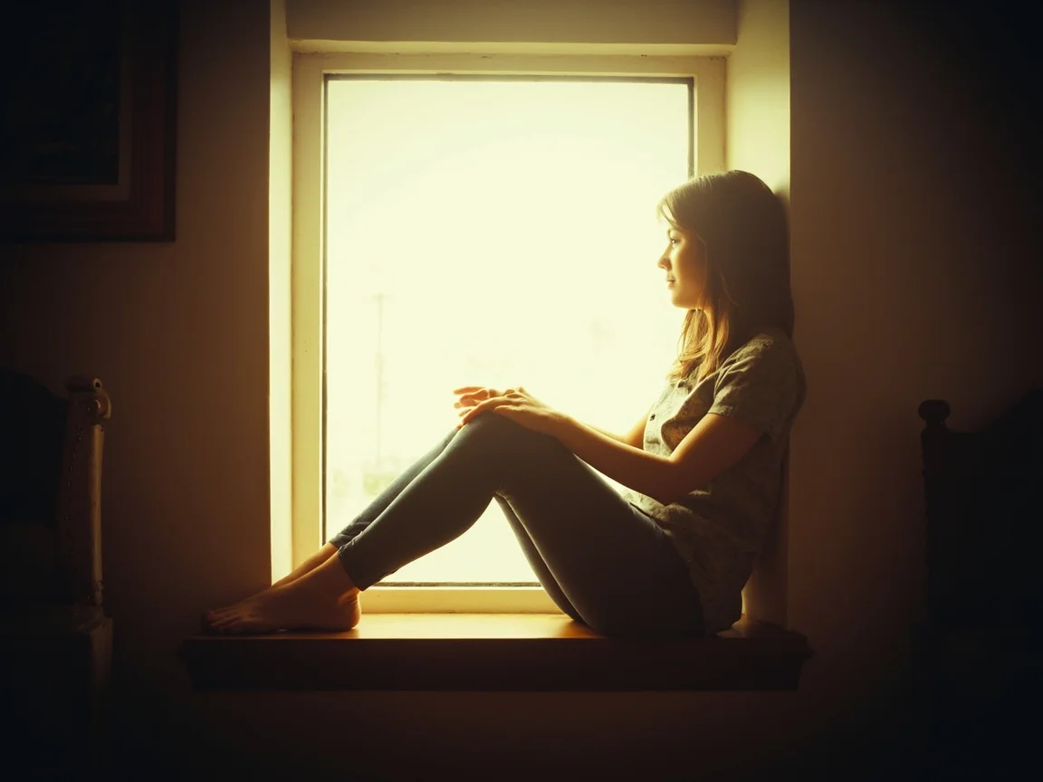 Person sitting near a window in a moment of calm reflection, soft natural light filling the room