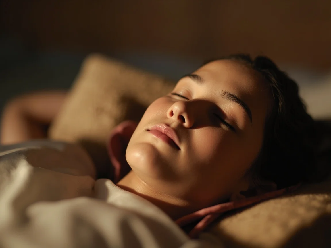 Person in a state of deep relaxation during a guided hypnosis session, eyes closed with a calm expression