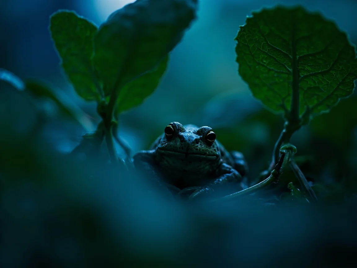 Toad camouflaged among wet leaves in a garden at dusk, showing the everyday encounter that triggers frog phobia