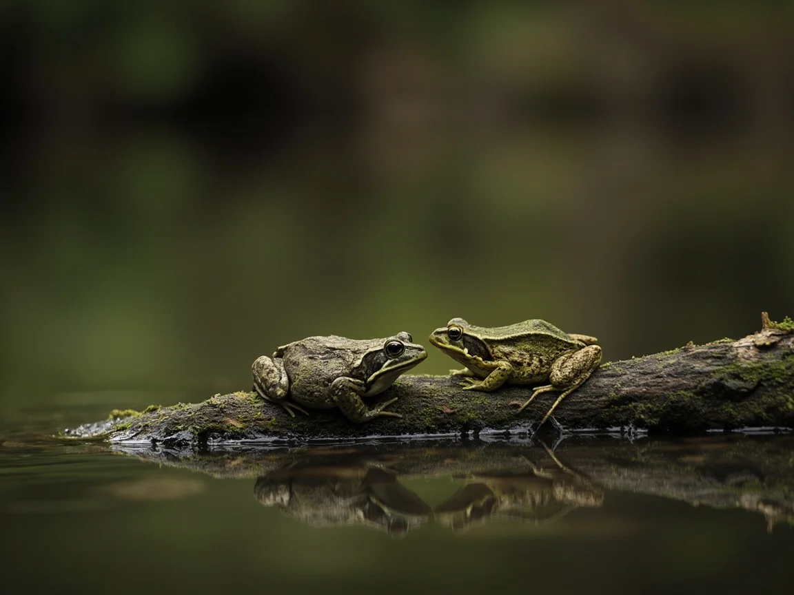 A toad and a frog side by side on a moss-covered log, illustrating the difference between bufonophobia and batrachophobia