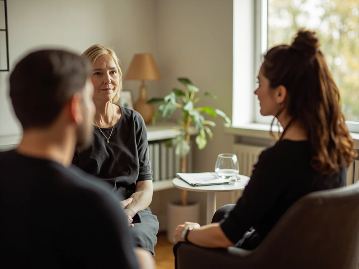 Therapist and client in a calm, supportive session, illustrating professional care in the treatment of frog phobia