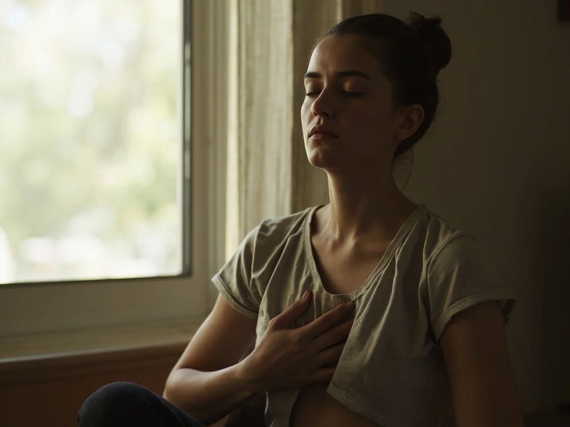 Person practicing calm breathing at home
