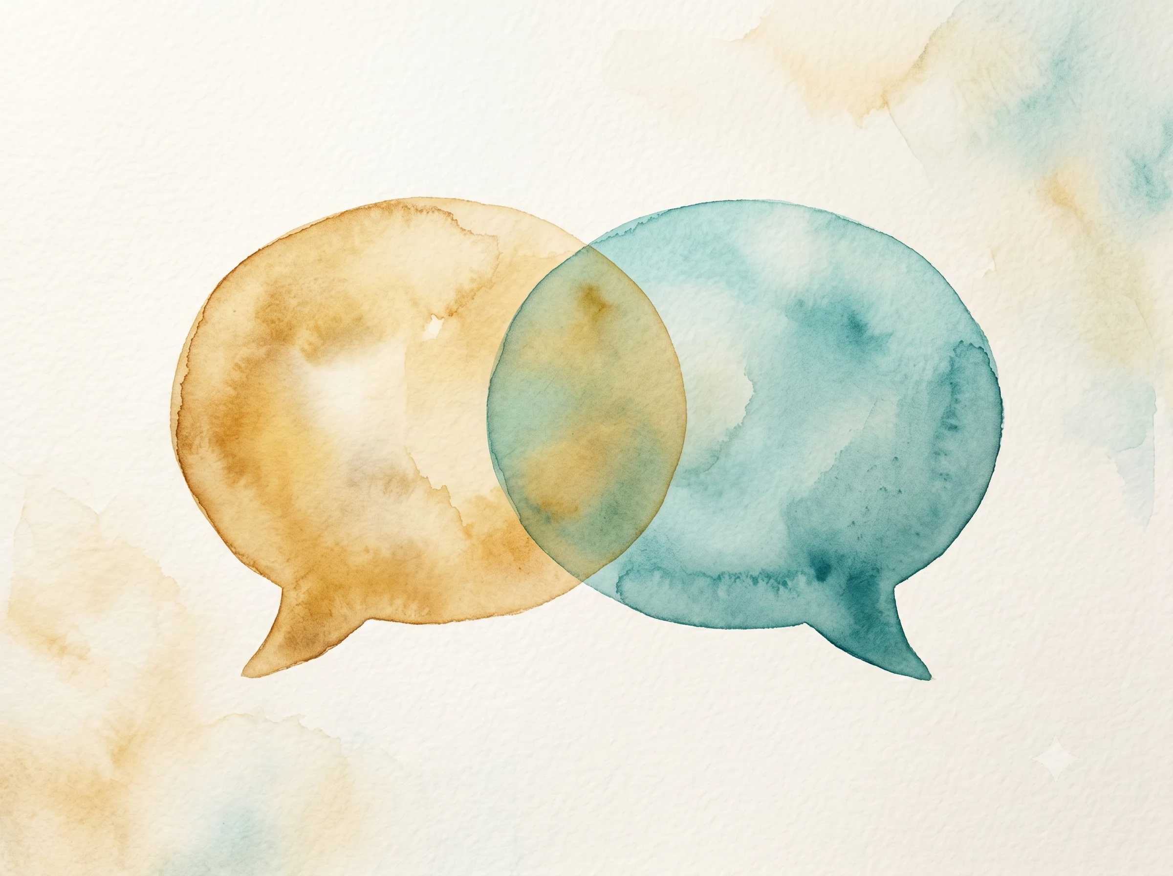 Two languages meeting in therapeutic space Overlapping speech bubbles representing two languages in therapy