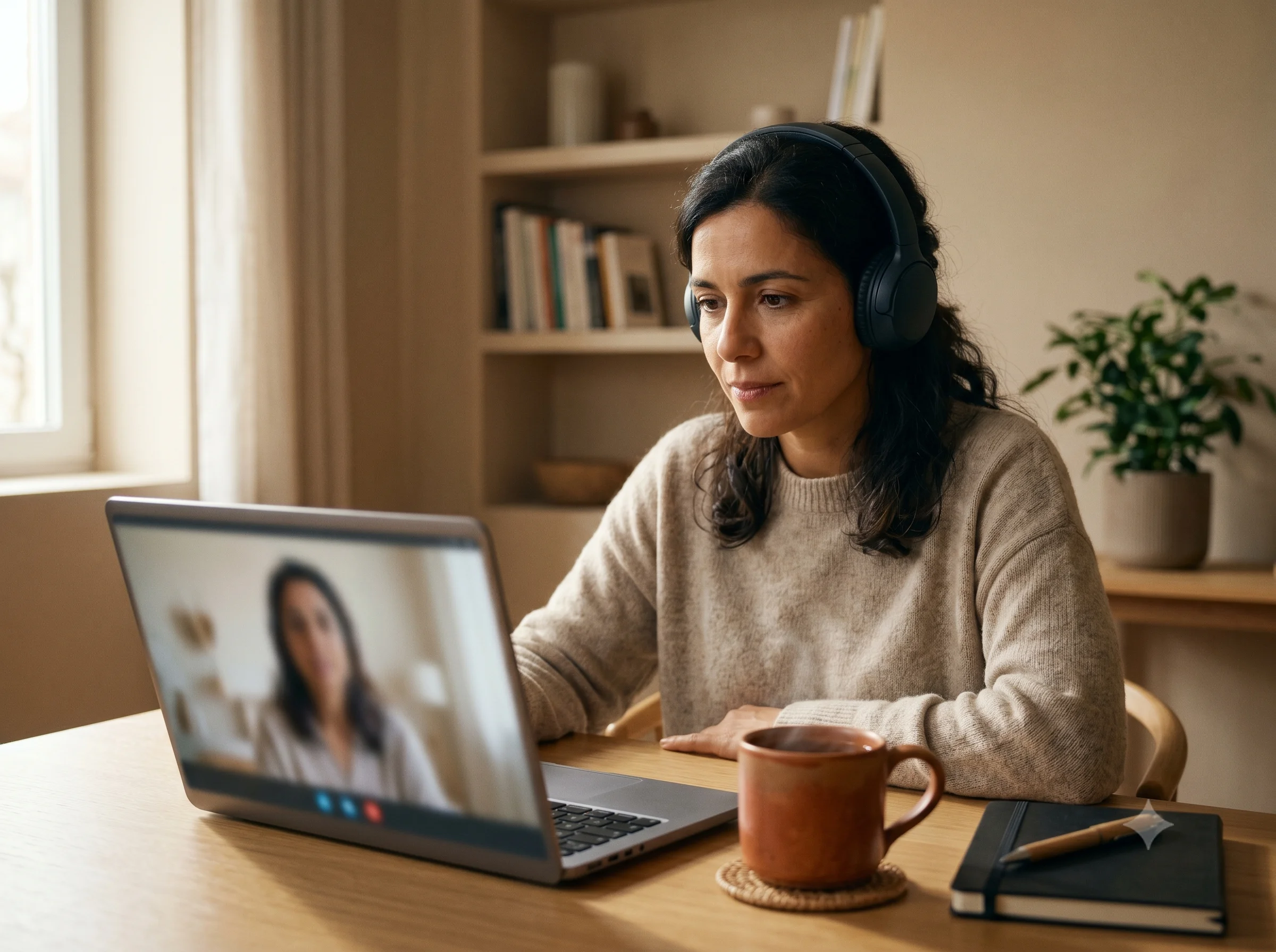 Online therapy in Portuguese Person in online therapy session with laptop and headphones