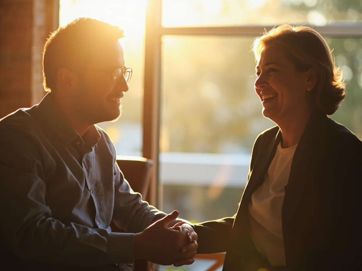 Two people talking attentively in a calm consultation, conveying trust and safety
