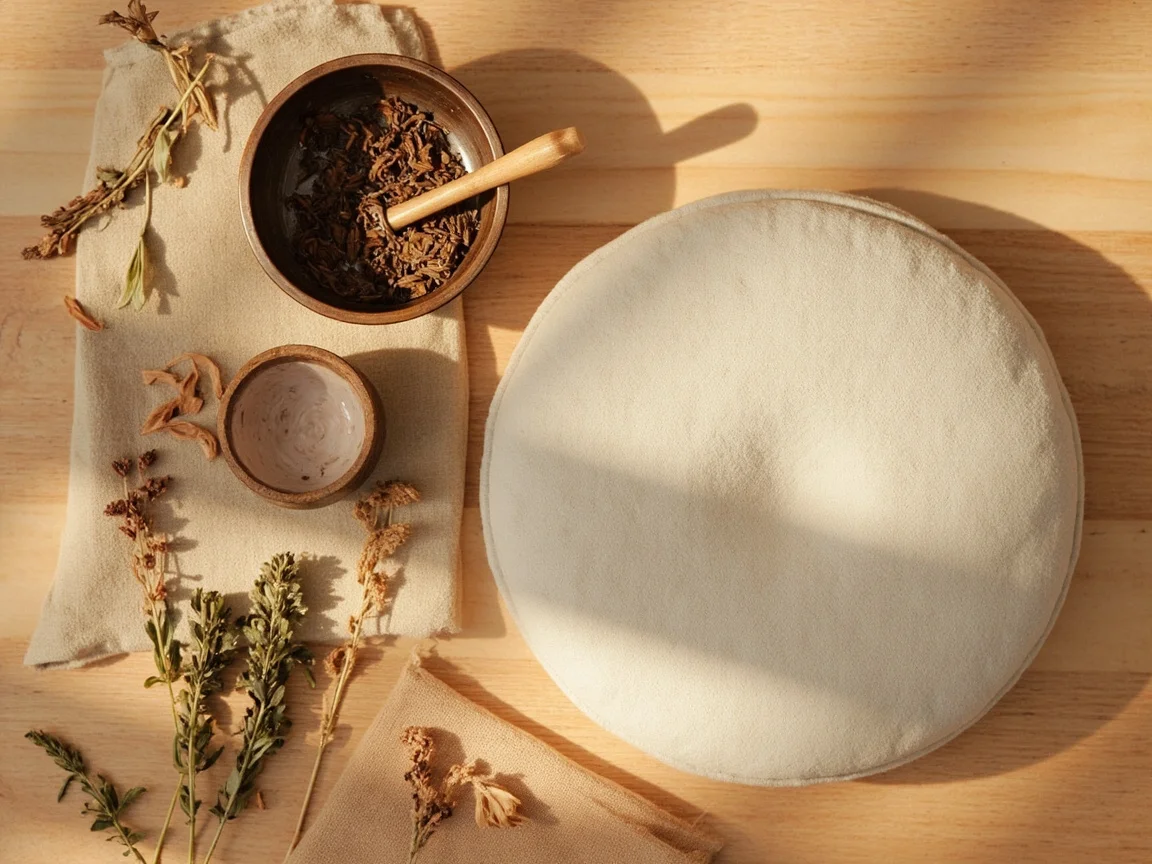 Holistic wellness elements arranged together: dried herbs, a small bowl, and a meditation cushion
