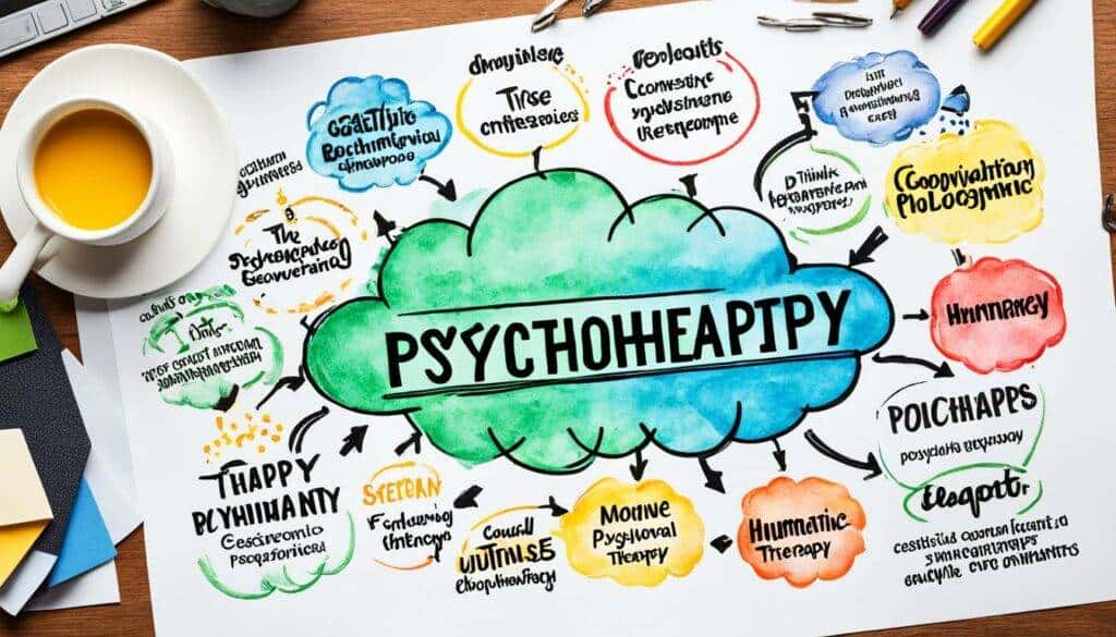 Types of psychotherapy Illustration about mental health and emotional well-being