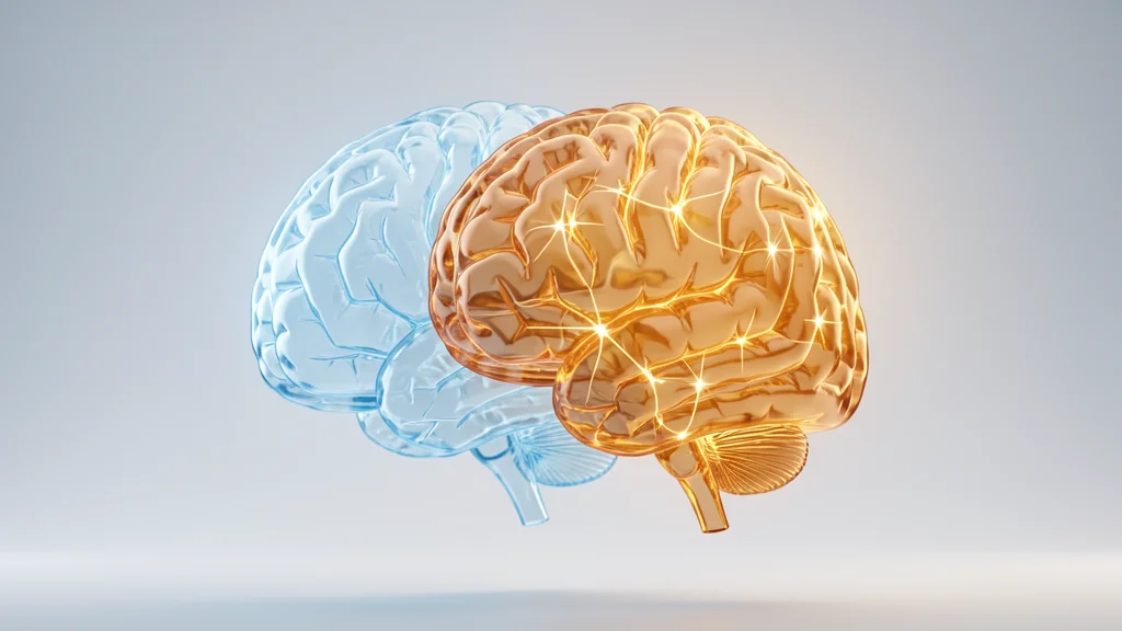 Conexoes neurais do cerebro humano em azul e dourado
