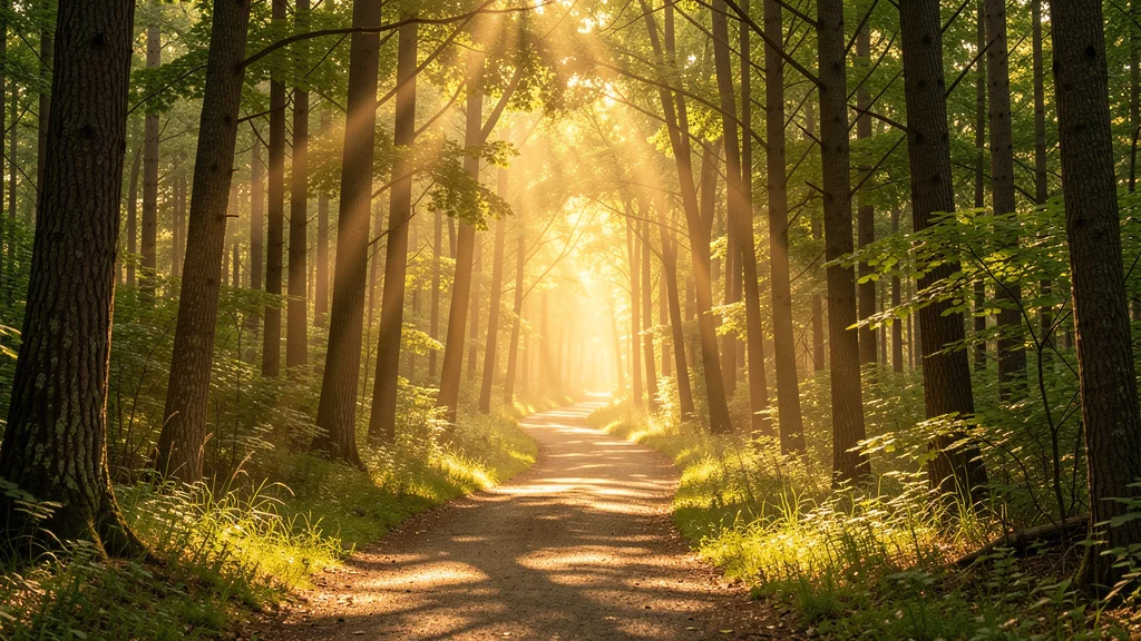 Trilha na floresta com luz solar simbolizando cura