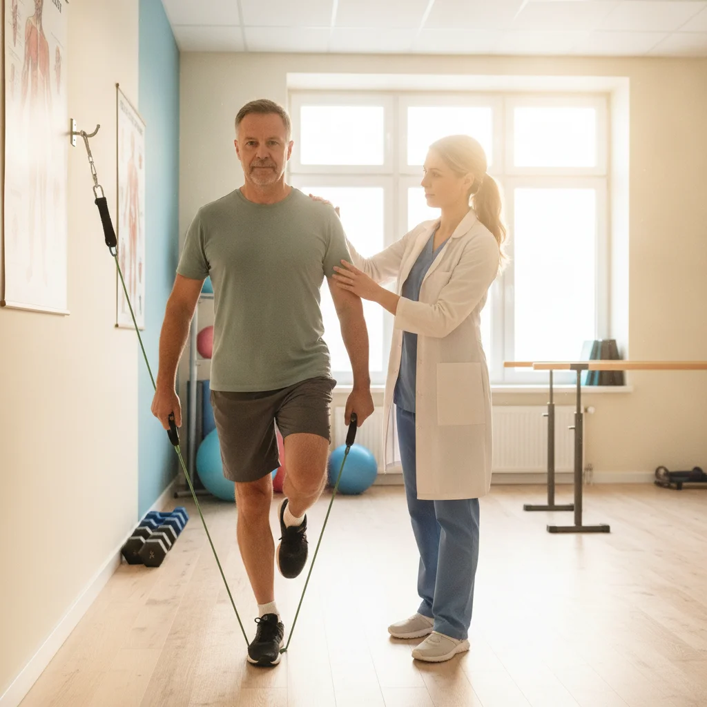 Homem em sessao de fisioterapia com profissional