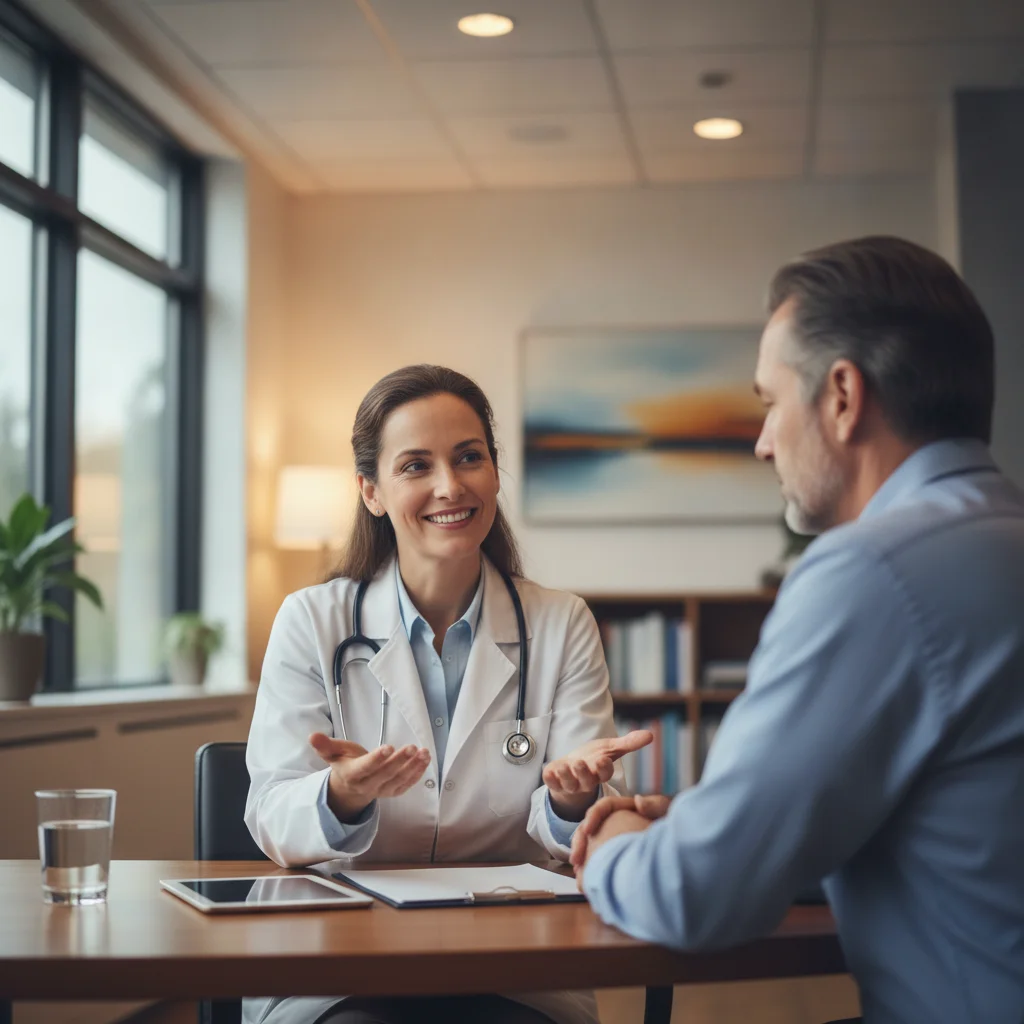 Medico e paciente em consulta com explicacao